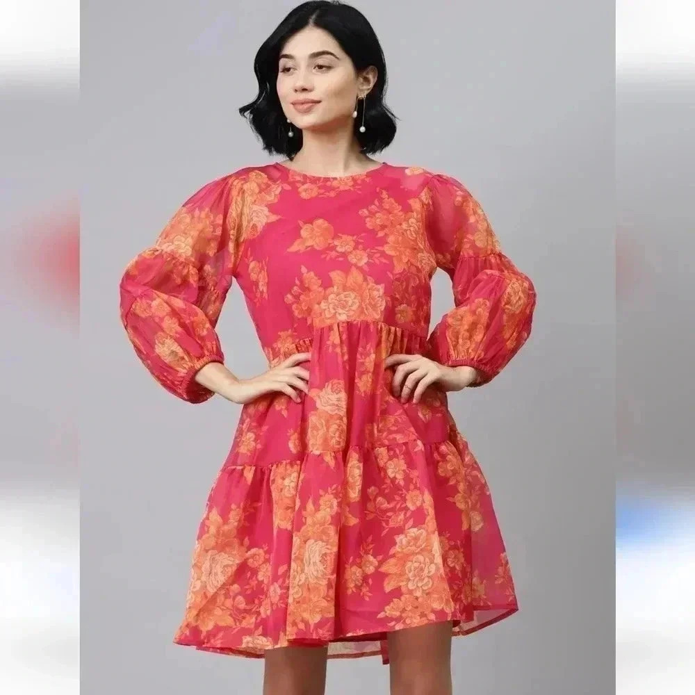 SASSAFRAS Fuchsia Floral Drop Shoulder Tiered Dress